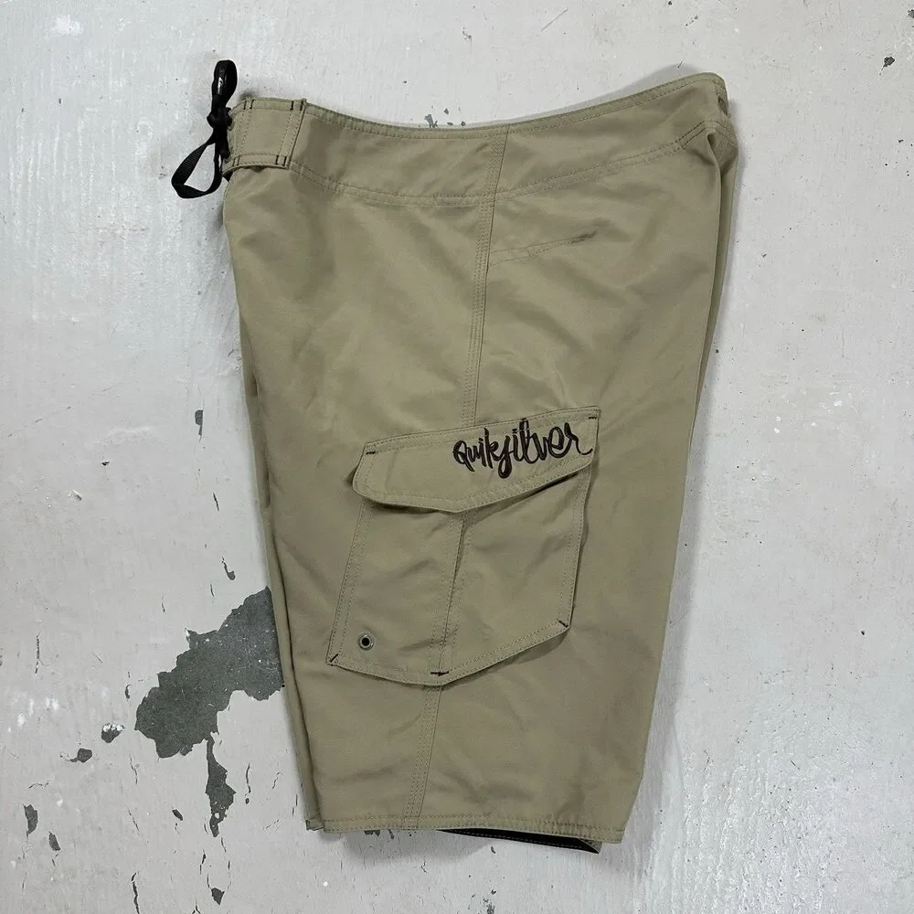 Vintage Quicksilver Sz 31 Mens Khaki Embroider Logo  Y2K Surf Board Shorts